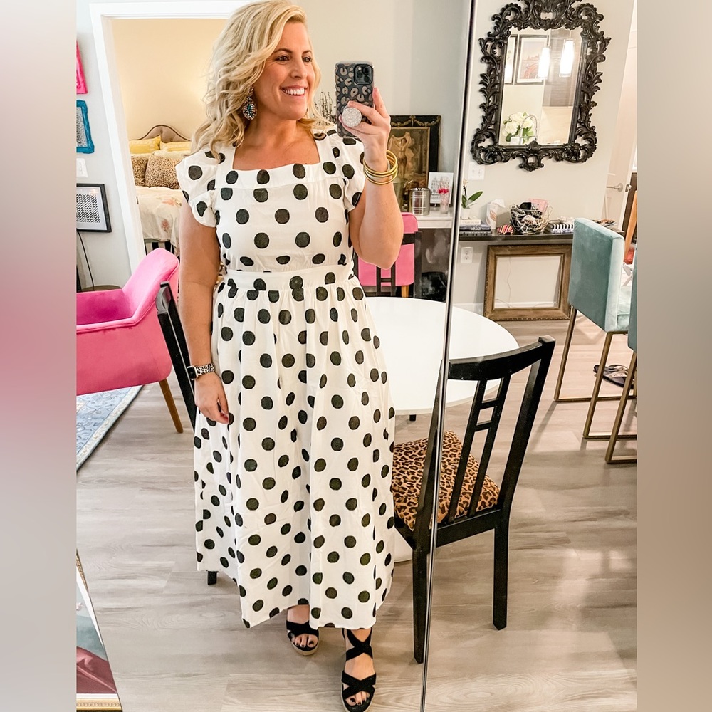 Anthropologie Amadi black &white open back polka dot dress large maxi GUC